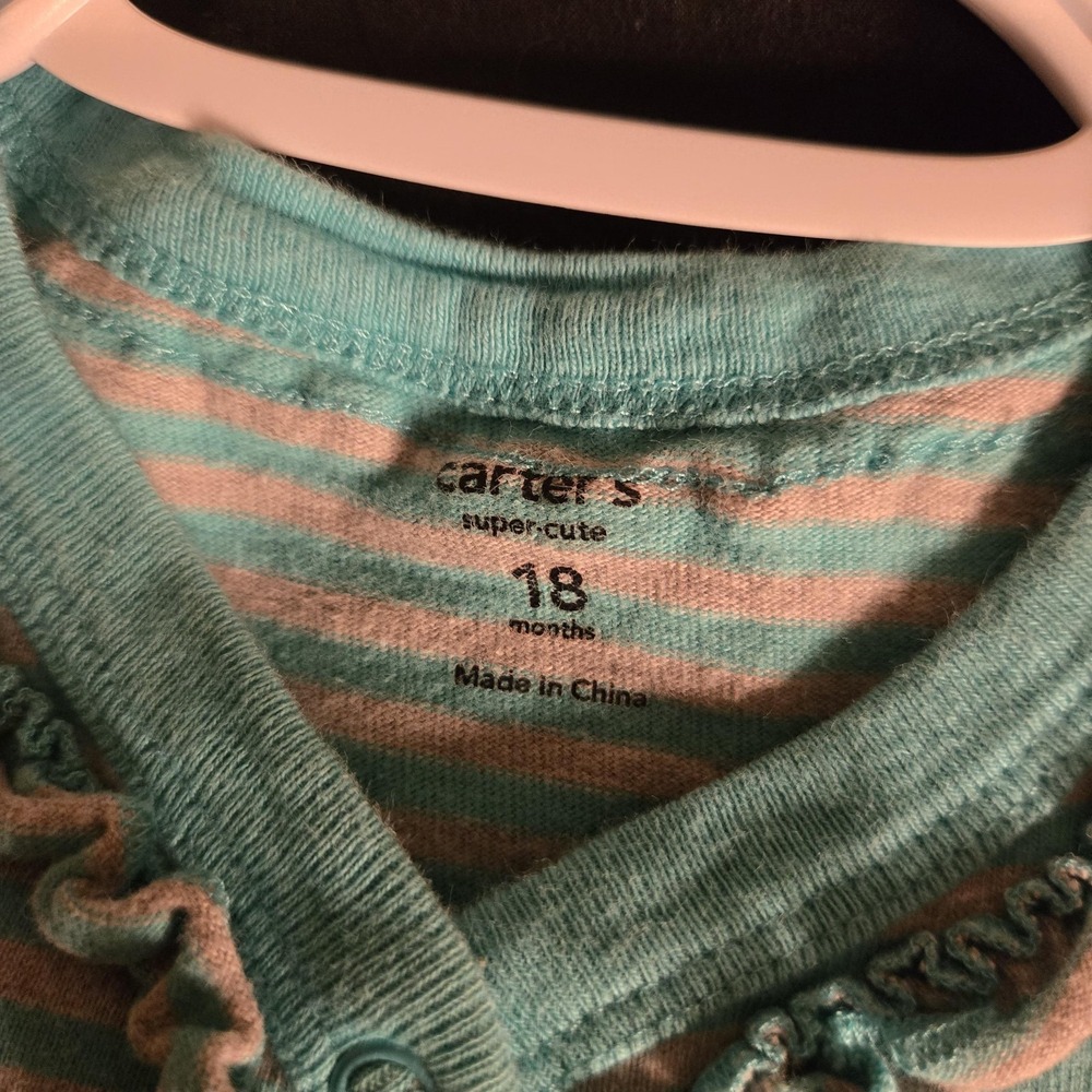 Carter's Coverall Girls 18 Months Blue Striped Monkey Embroider Pocket One Piece - Picture 2 of 7